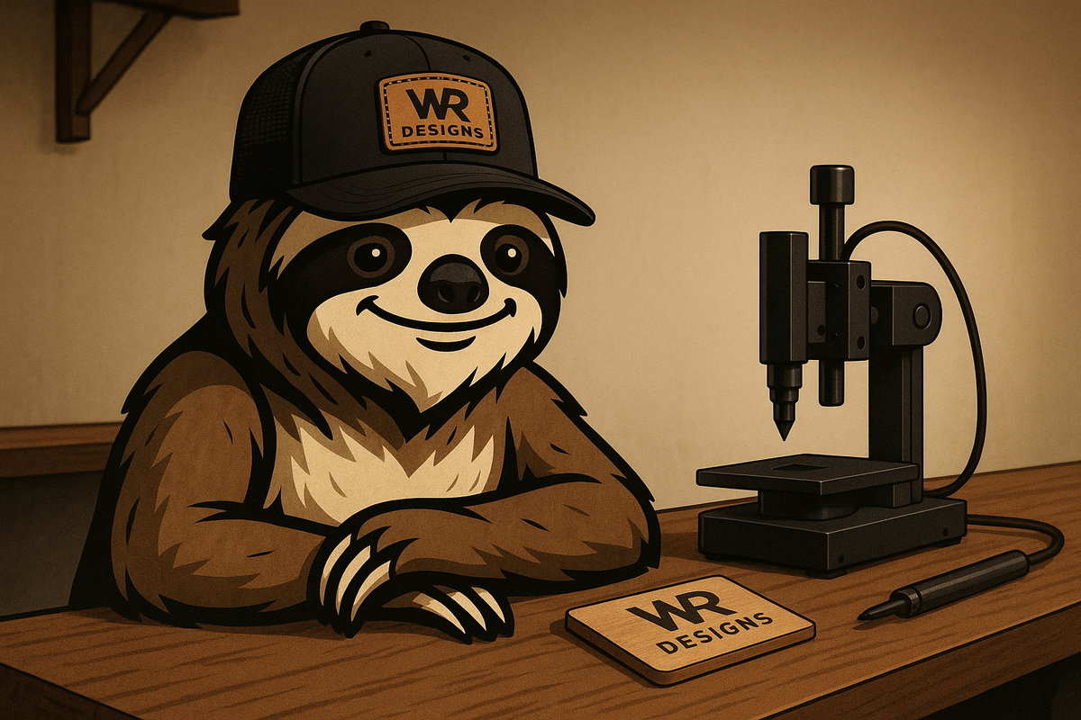 Leather patch hats being pressed on-site